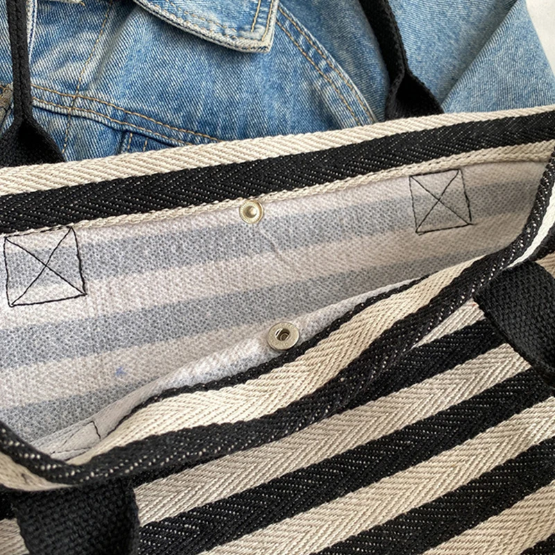 Casual Striped Canvas Bag For Women Large Capacity Shoulder Bag Daily Shopping Totes Student Bookbag for School Travel Beach Bag