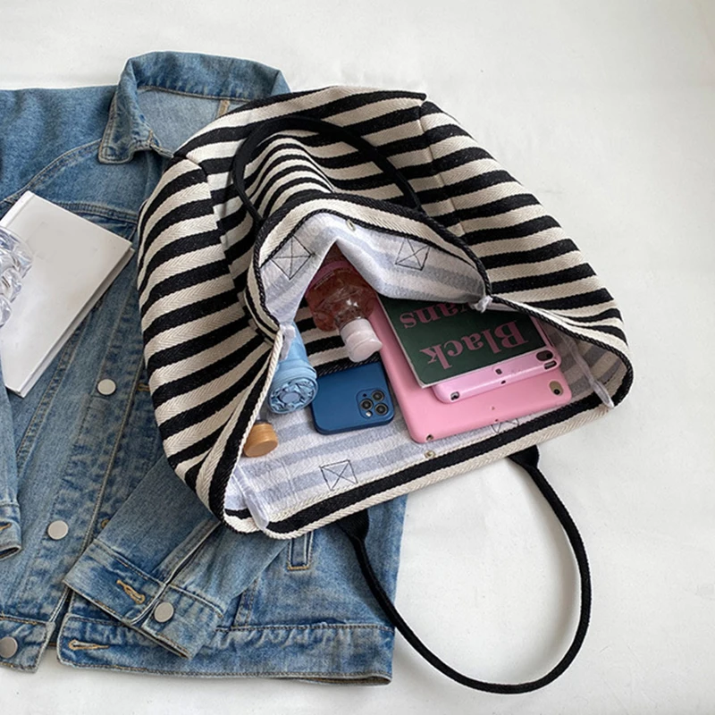 Casual Striped Canvas Bag For Women Large Capacity Shoulder Bag Daily Shopping Totes Student Bookbag for School Travel Beach Bag
