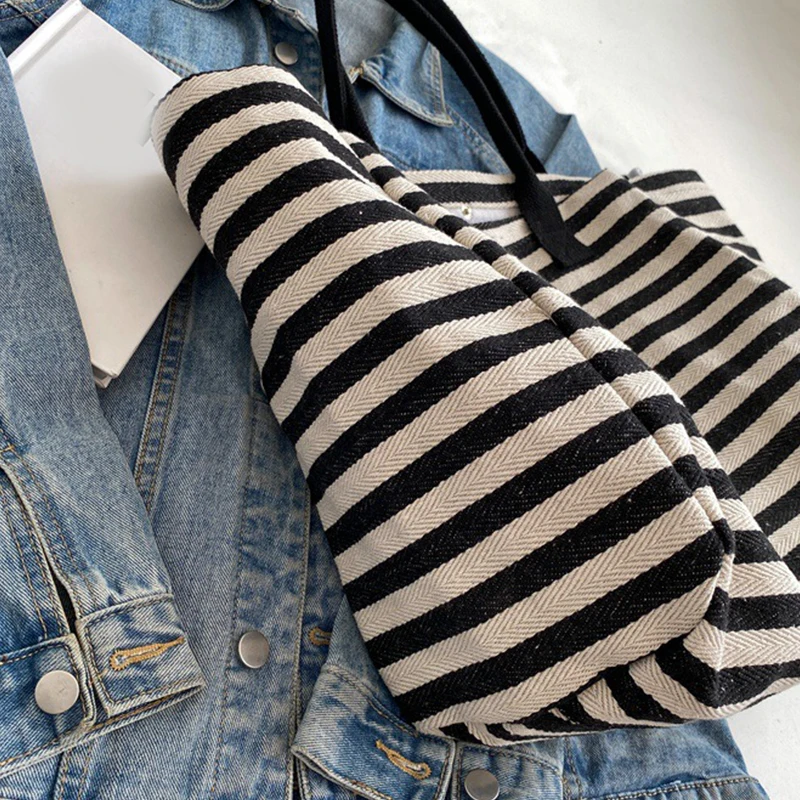 Casual Striped Canvas Bag For Women Large Capacity Shoulder Bag Daily Shopping Totes Student Bookbag for School Travel Beach Bag