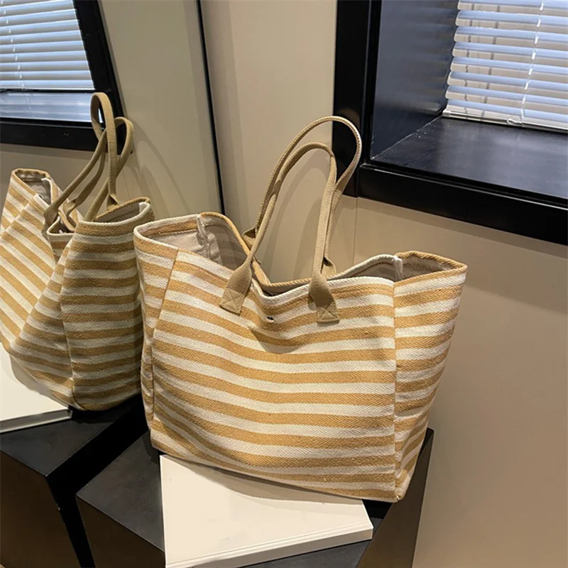 Casual Striped Canvas Bag For Women Large Capacity Shoulder Bag Daily Shopping Totes Student Bookbag for School Travel Beach Bag