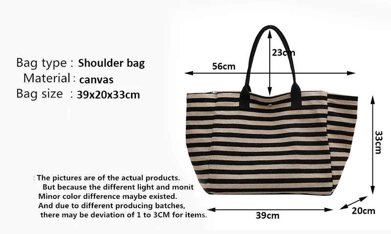 Casual Striped Canvas Bag For Women Large Capacity Shoulder Bag Daily Shopping Totes Student Bookbag for School Travel Beach Bag