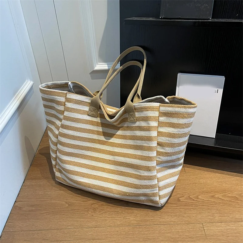 Casual Striped Canvas Bag For Women Large Capacity Shoulder Bag Daily Shopping Totes Student Bookbag for School Travel Beach Bag