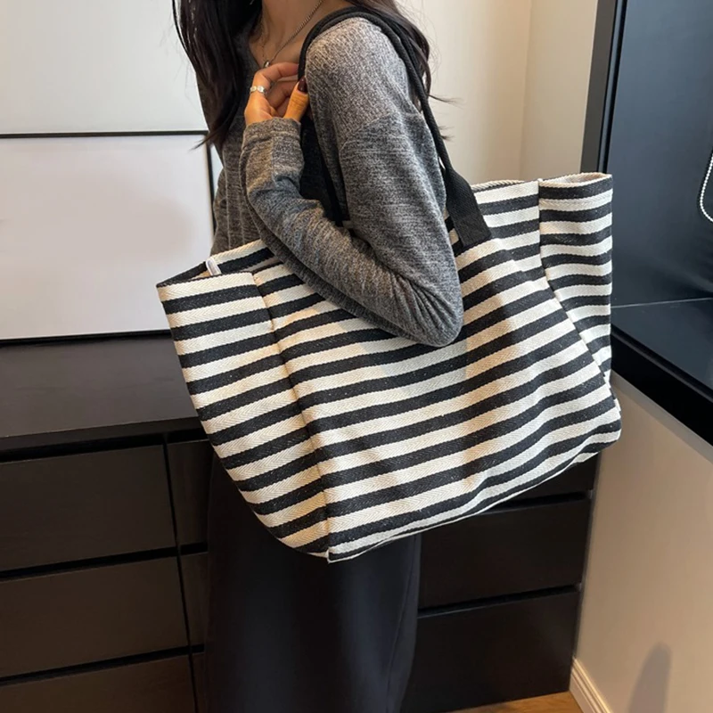 Casual Striped Canvas Bag For Women Large Capacity Shoulder Bag Daily Shopping Totes Student Bookbag for School Travel Beach Bag