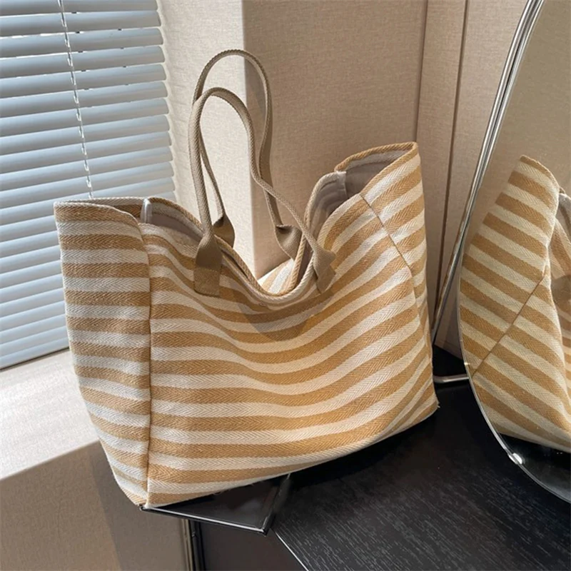 Casual Striped Canvas Bag For Women Large Capacity Shoulder Bag Daily Shopping Totes Student Bookbag for School Travel Beach Bag