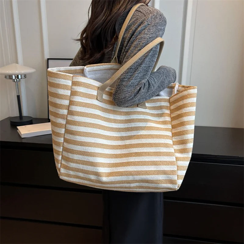 Casual Striped Canvas Bag For Women Large Capacity Shoulder Bag Daily Shopping Totes Student Bookbag for School Travel Beach Bag