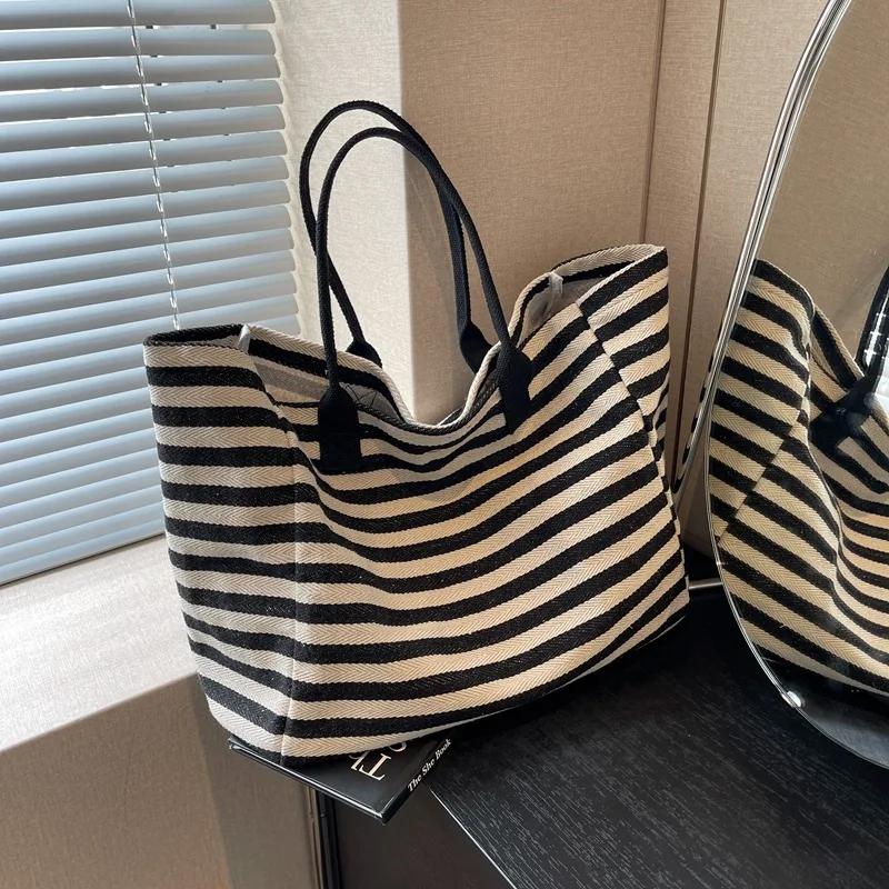 Casual Striped Canvas Bag For Women Large Capacity Shoulder Bag Daily Shopping Totes Student Bookbag for School Travel Beach Bag