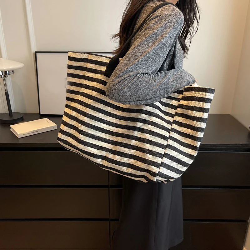 Casual Striped Canvas Bag For Women Large Capacity Shoulder Bag Daily Shopping Totes Student Bookbag for School Travel Beach Bag