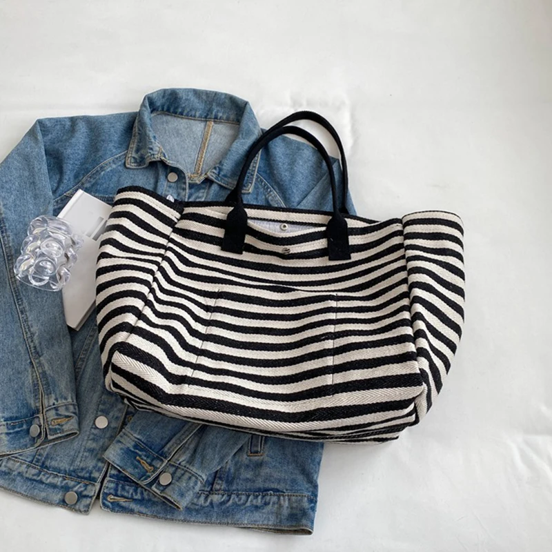 Casual Striped Canvas Bag For Women Large Capacity Shoulder Bag Daily Shopping Totes Student Bookbag for School Travel Beach Bag
