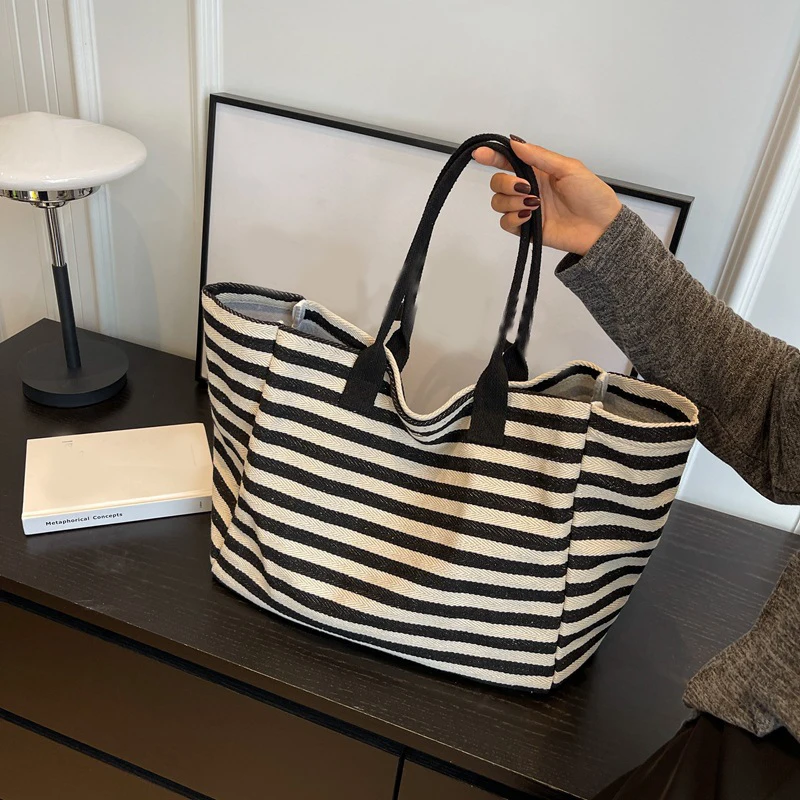 Casual Striped Canvas Bag For Women Large Capacity Shoulder Bag Daily Shopping Totes Student Bookbag for School Travel Beach Bag