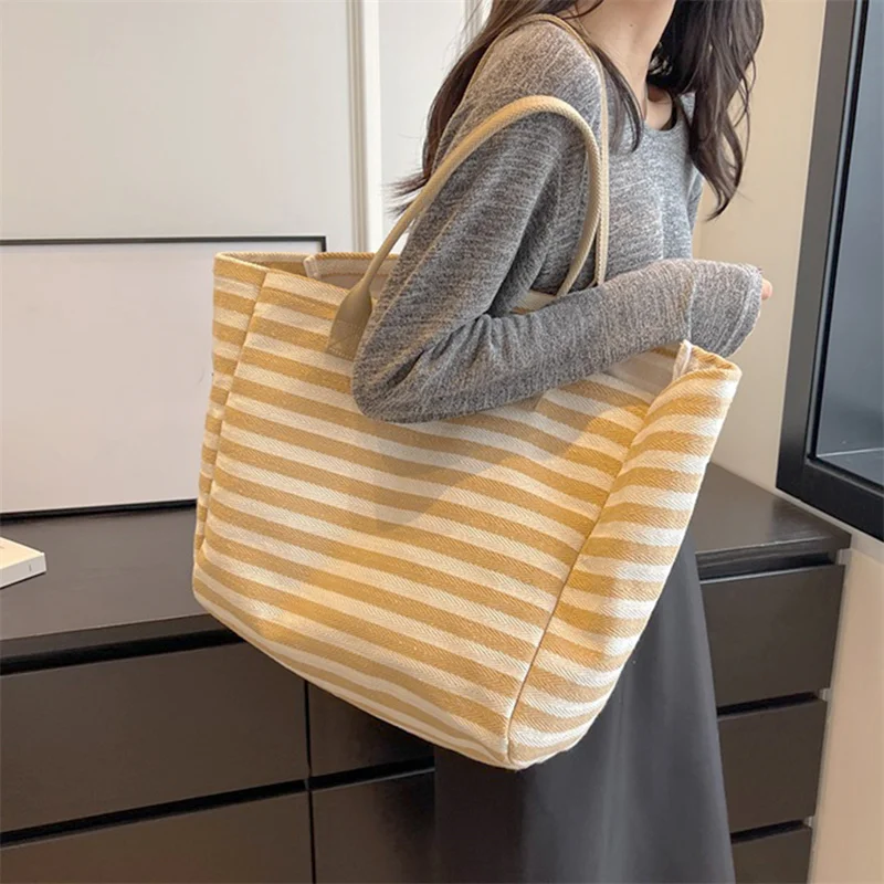 Casual Striped Canvas Bag For Women Large Capacity Shoulder Bag Daily Shopping Totes Student Bookbag for School Travel Beach Bag