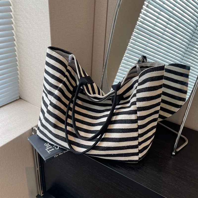 Casual Striped Canvas Bag For Women Large Capacity Shoulder Bag Daily Shopping Totes Student Bookbag for School Travel Beach Bag