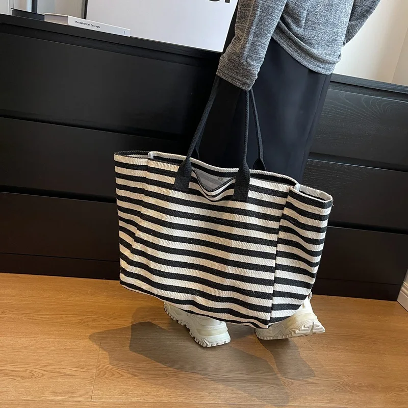 Casual Striped Canvas Bag For Women Large Capacity Shoulder Bag Daily Shopping Totes Student Bookbag for School Travel Beach Bag
