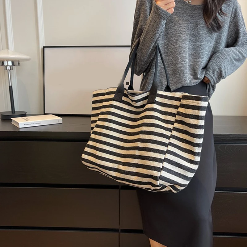 Casual Striped Canvas Bag For Women Large Capacity Shoulder Bag Daily Shopping Totes Student Bookbag for School Travel Beach Bag