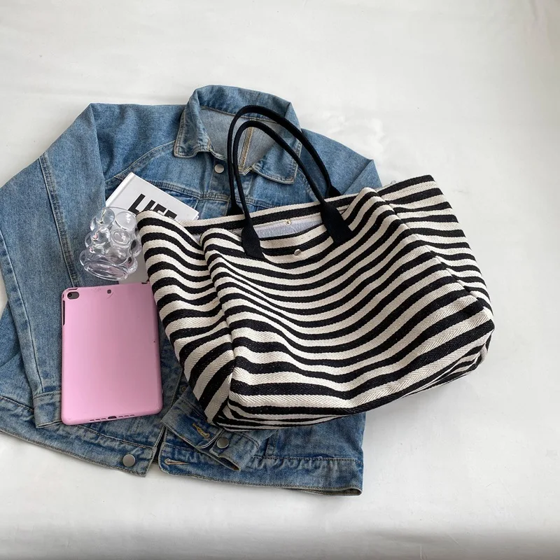 Casual Striped Canvas Bag For Women Large Capacity Shoulder Bag Daily Shopping Totes Student Bookbag for School Travel Beach Bag