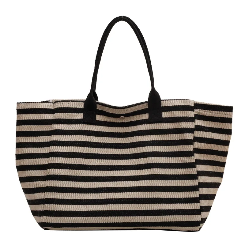 Casual Striped Canvas Bag For Women Large Capacity Shoulder Bag Daily Shopping Totes Student Bookbag for School Travel Beach Bag