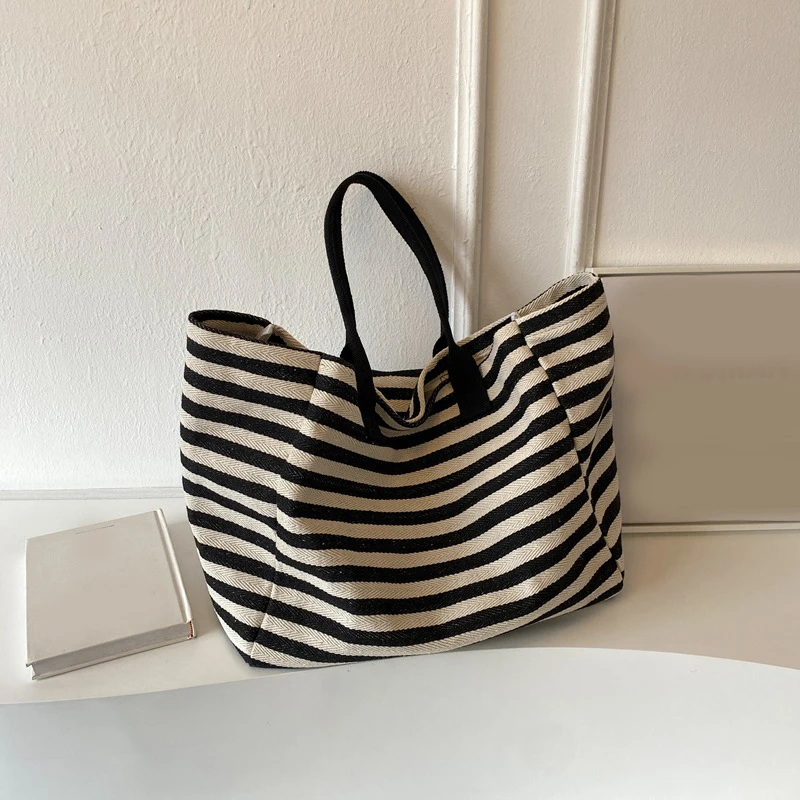 Casual Striped Canvas Bag For Women Large Capacity Shoulder Bag Daily Shopping Totes Student Bookbag for School Travel Beach Bag