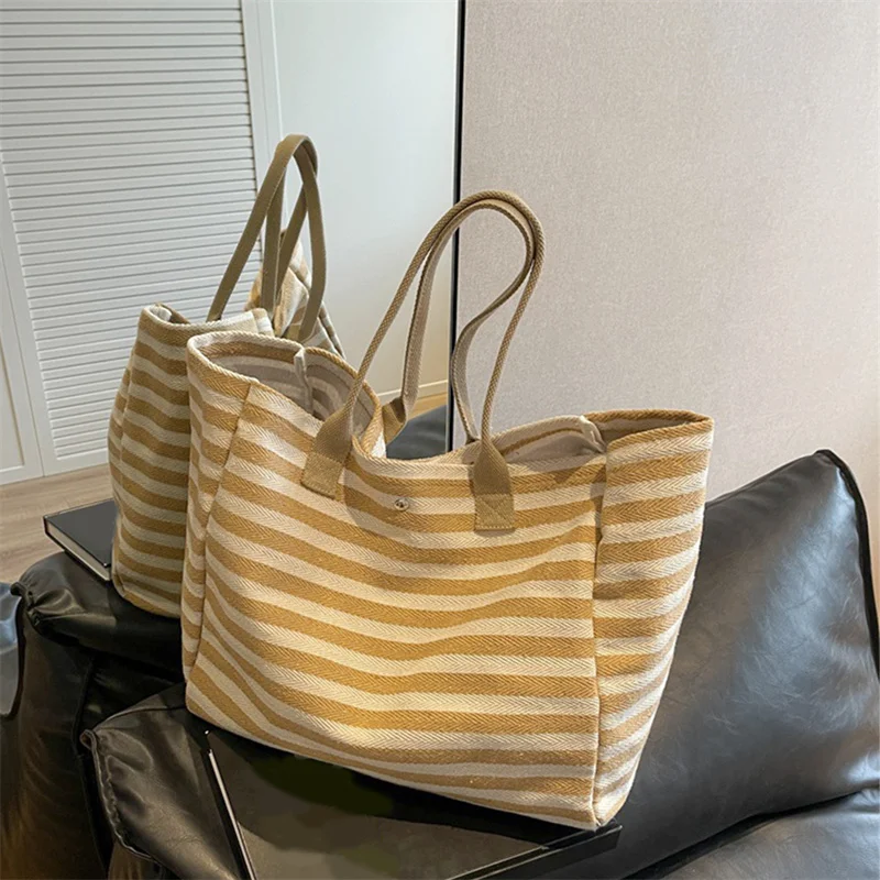 Casual Striped Canvas Bag For Women Large Capacity Shoulder Bag Daily Shopping Totes Student Bookbag for School Travel Beach Bag