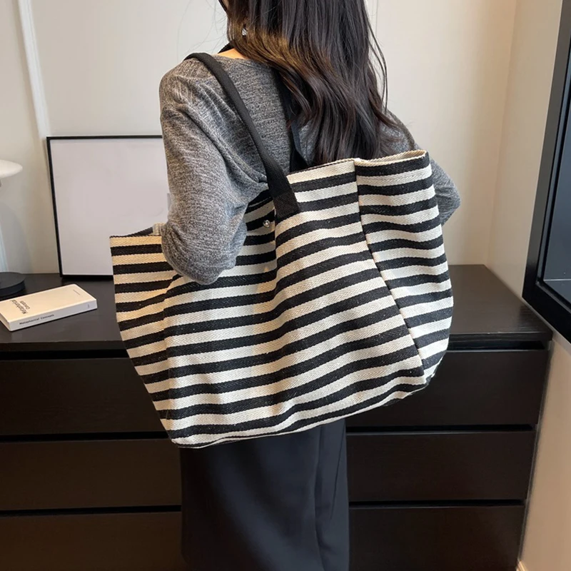 Casual Striped Canvas Bag For Women Large Capacity Shoulder Bag Daily Shopping Totes Student Bookbag for School Travel Beach Bag