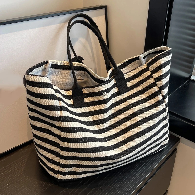 Casual Striped Canvas Bag For Women Large Capacity Shoulder Bag Daily Shopping Totes Student Bookbag for School Travel Beach Bag