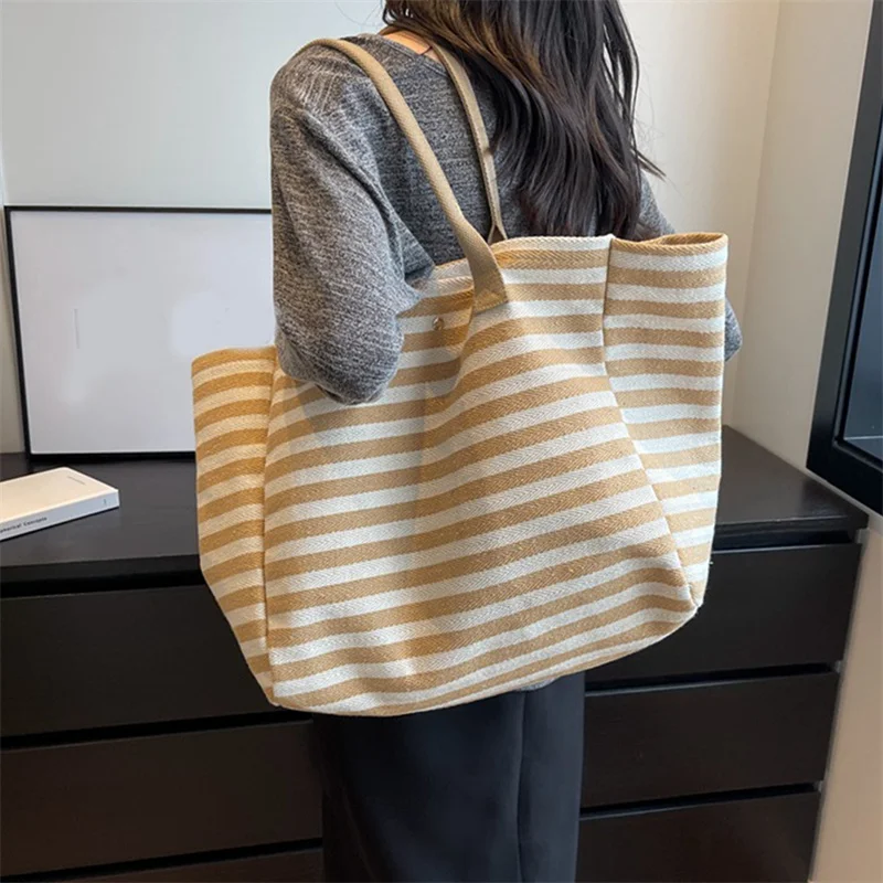 Casual Striped Canvas Bag For Women Large Capacity Shoulder Bag Daily Shopping Totes Student Bookbag for School Travel Beach Bag
