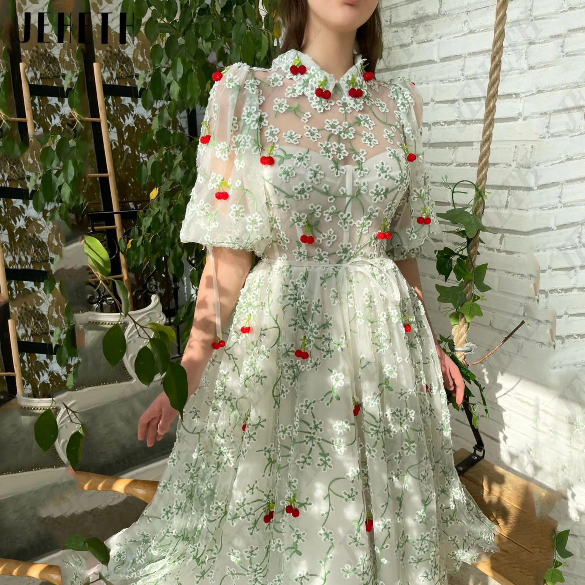JEHETH Embroidered Lace Prom Dresses Pockets Green Puff Sleeves Cherries Tulle A-Line Pastrol Party Gowns Ankle Length Custom