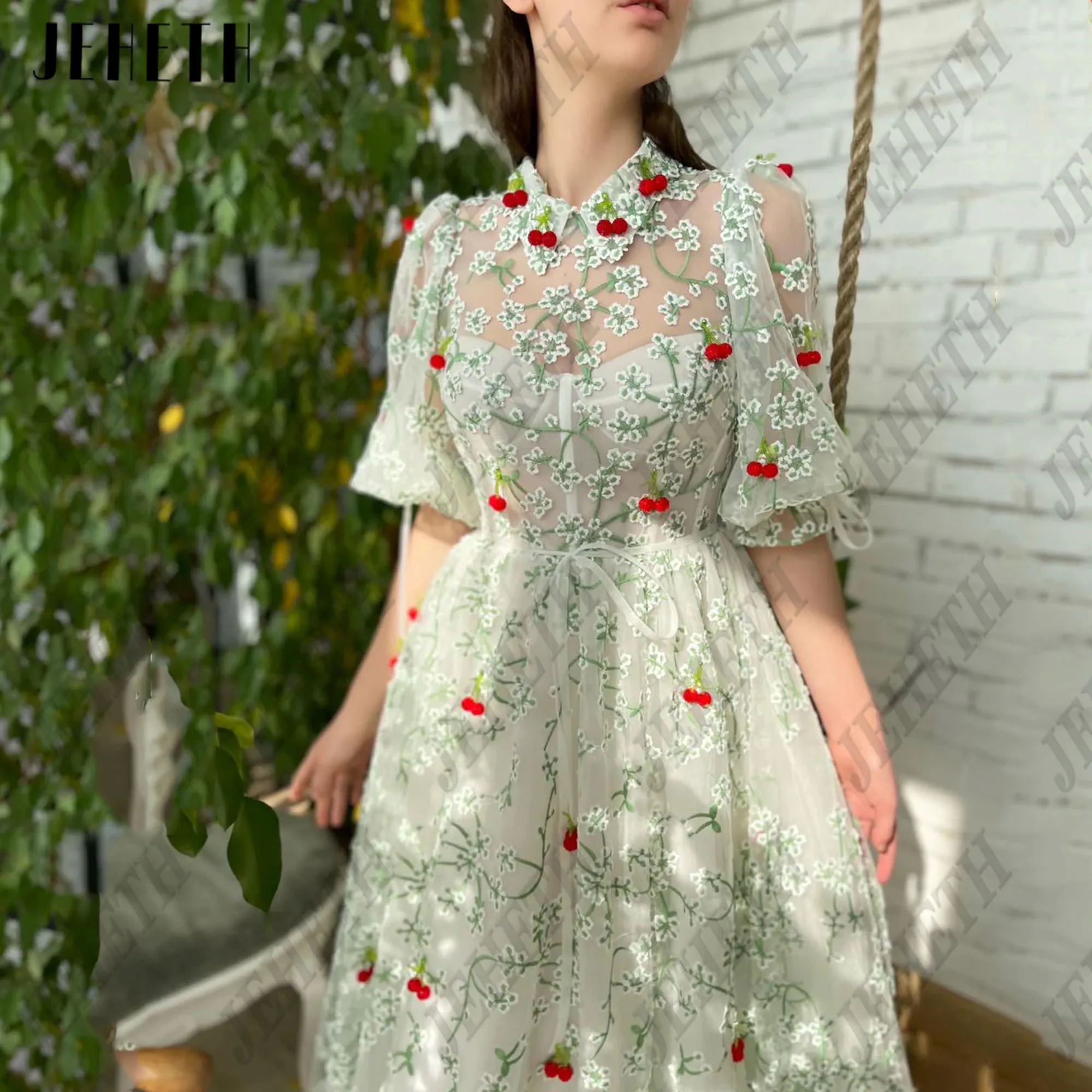 JEHETH Embroidered Lace Prom Dresses Pockets Green Puff Sleeves Cherries Tulle A-Line Pastrol Party Gowns Ankle Length Custom