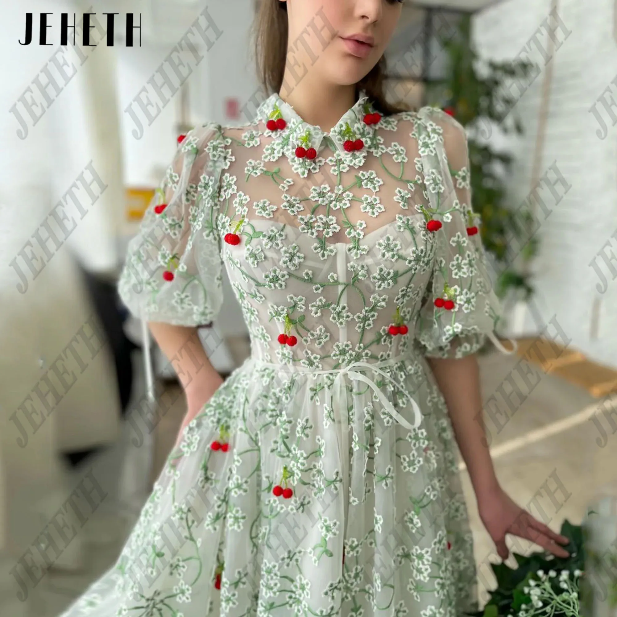 JEHETH Embroidered Lace Prom Dresses Pockets Green Puff Sleeves Cherries Tulle A-Line Pastrol Party Gowns Ankle Length Custom