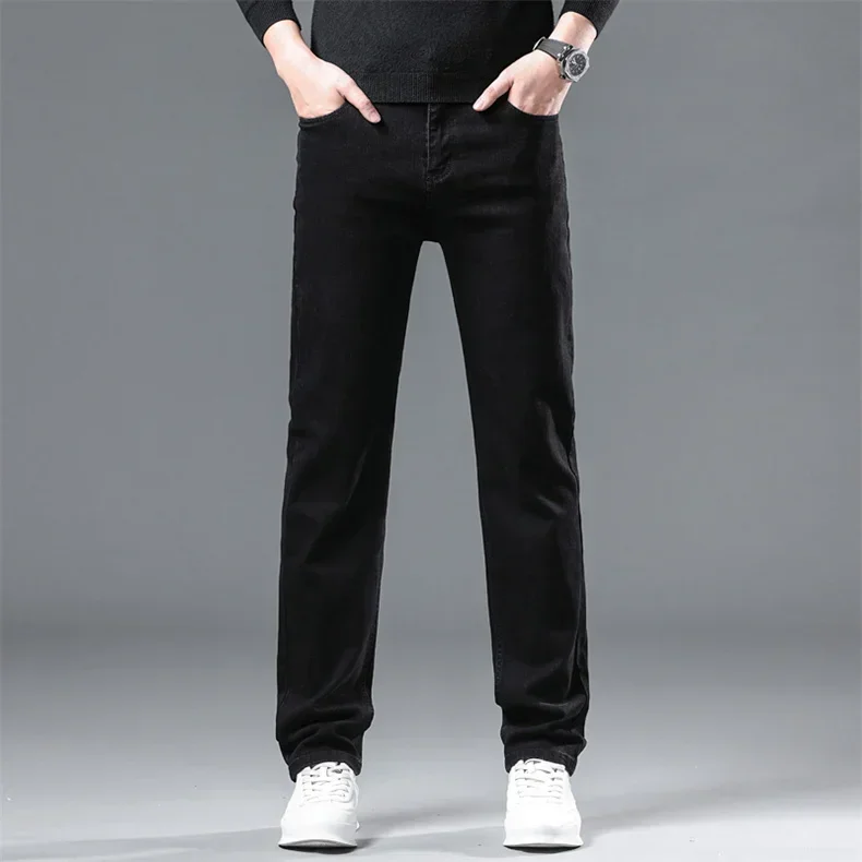 WTHINLEE Winter Men Black Straight Stretch Denim Thick Velvet Pants Warm Jeans Casual Fleece Line Trousers Male Plus Size