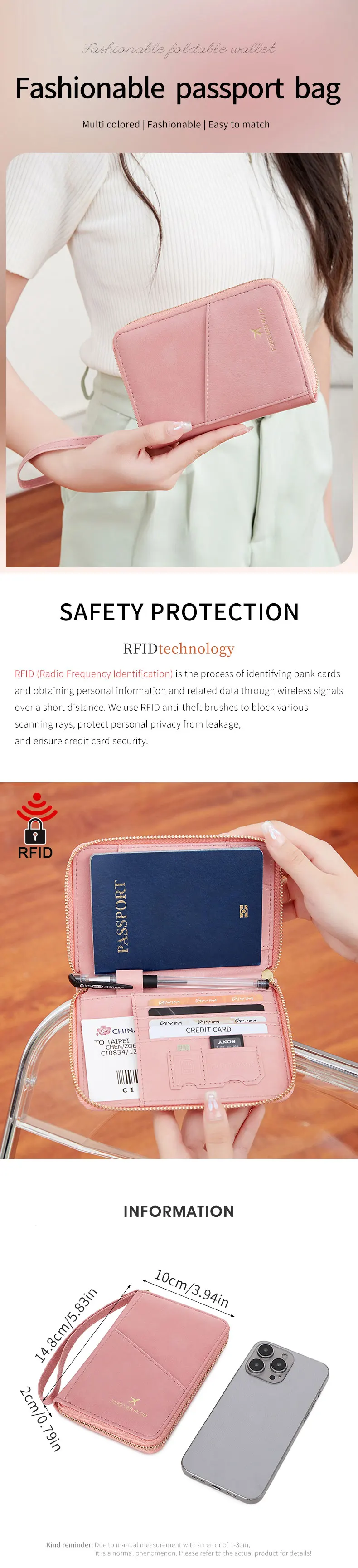 MIYIN RFID Anti-Theft Passport Wallet PU Leather Travel Zipper Men's and Women's Passport Bags Multifunctional Passport Clip
