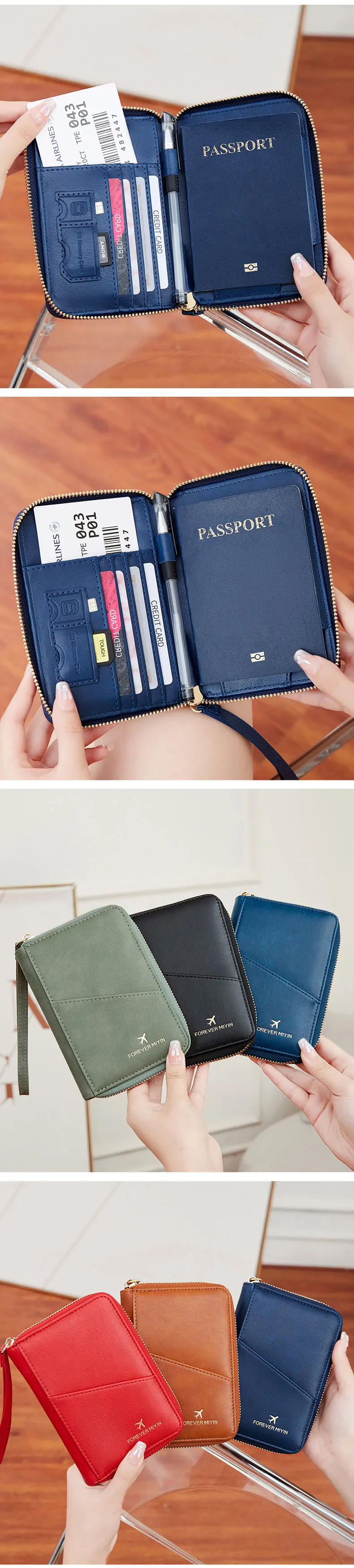 MIYIN RFID Anti-Theft Passport Wallet PU Leather Travel Zipper Men's and Women's Passport Bags Multifunctional Passport Clip