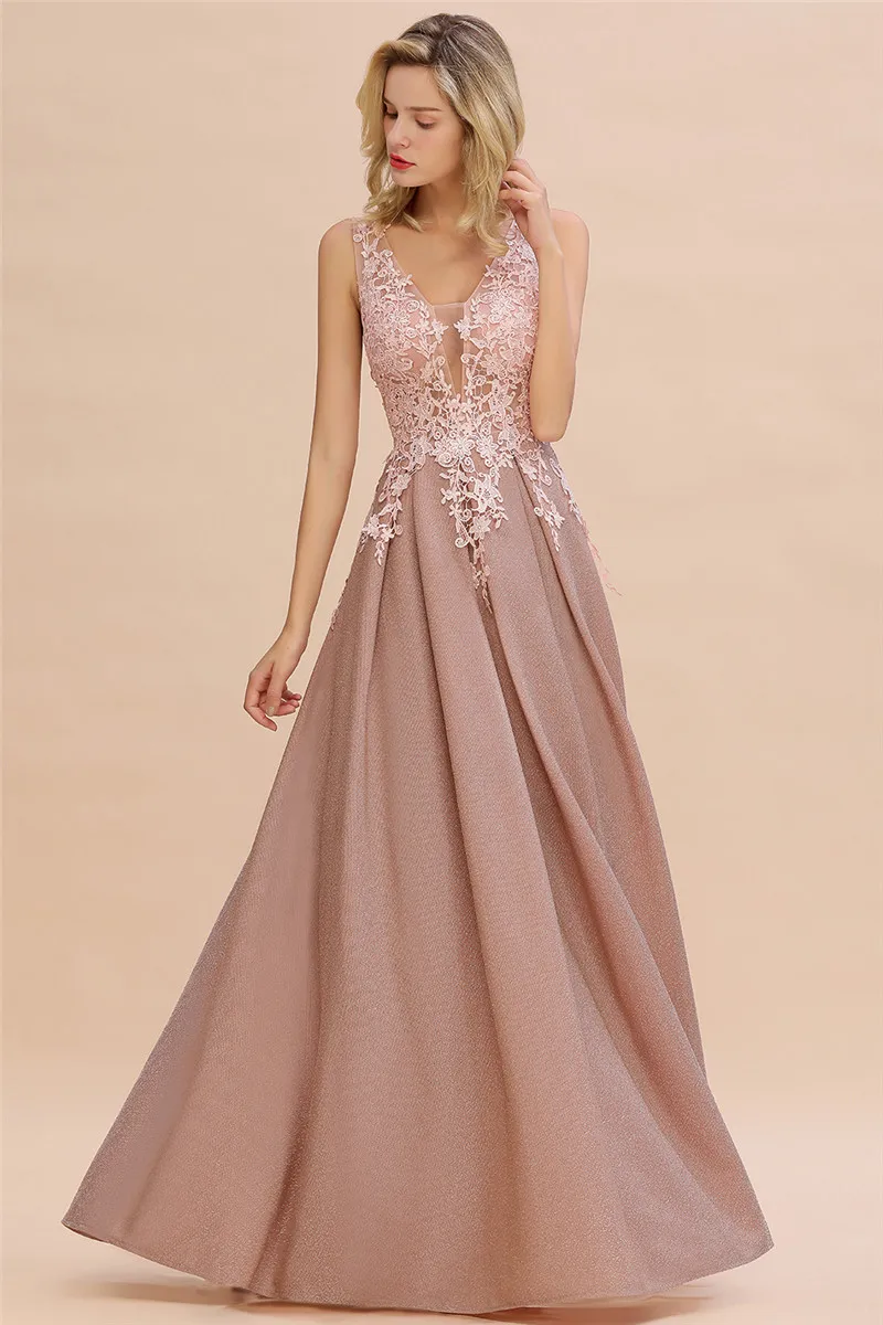 Dusty Pink Bridesmaid Dresses Appliques Lace V Neck Illusion Blue Burgundy Silver For Bride Wedding Party Prom Gowns Vestidos