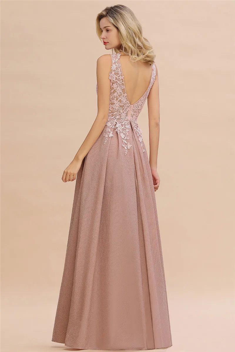 Dusty Pink Bridesmaid Dresses Appliques Lace V Neck Illusion Blue Burgundy Silver For Bride Wedding Party Prom Gowns Vestidos