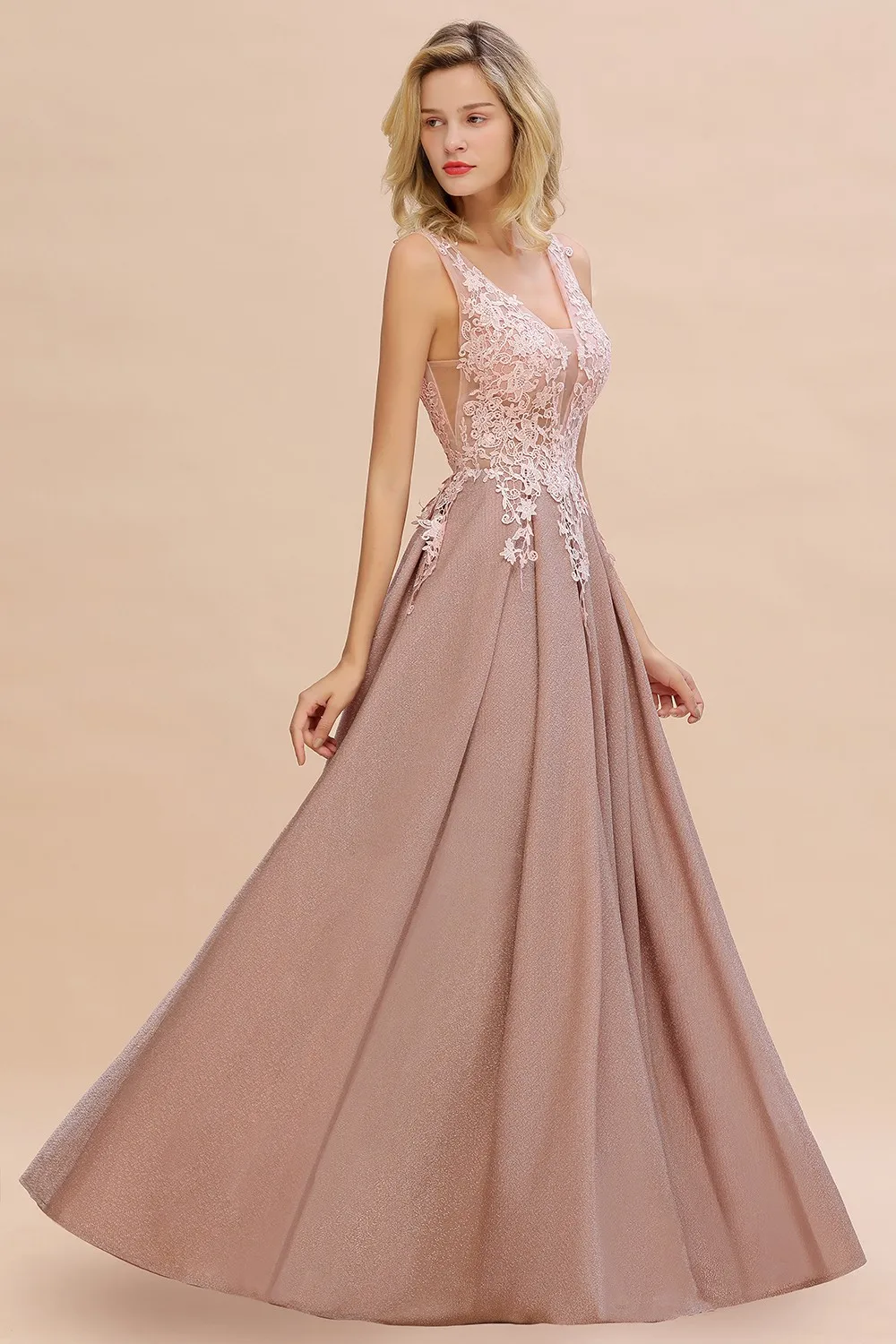 Dusty Pink Bridesmaid Dresses Appliques Lace V Neck Illusion Blue Burgundy Silver For Bride Wedding Party Prom Gowns Vestidos
