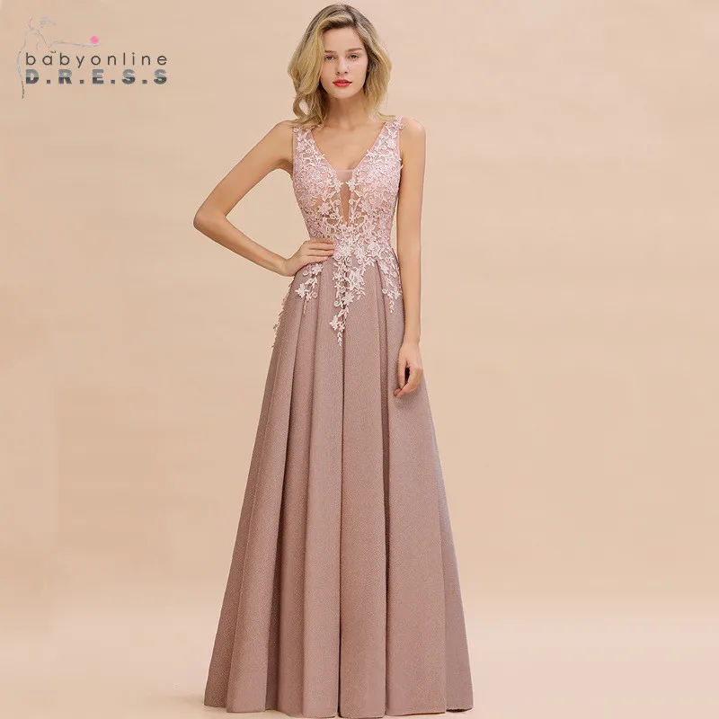 Dusty Pink Bridesmaid Dresses Appliques Lace V Neck Illusion Blue Burgundy Silver For Bride Wedding Party Prom Gowns Vestidos