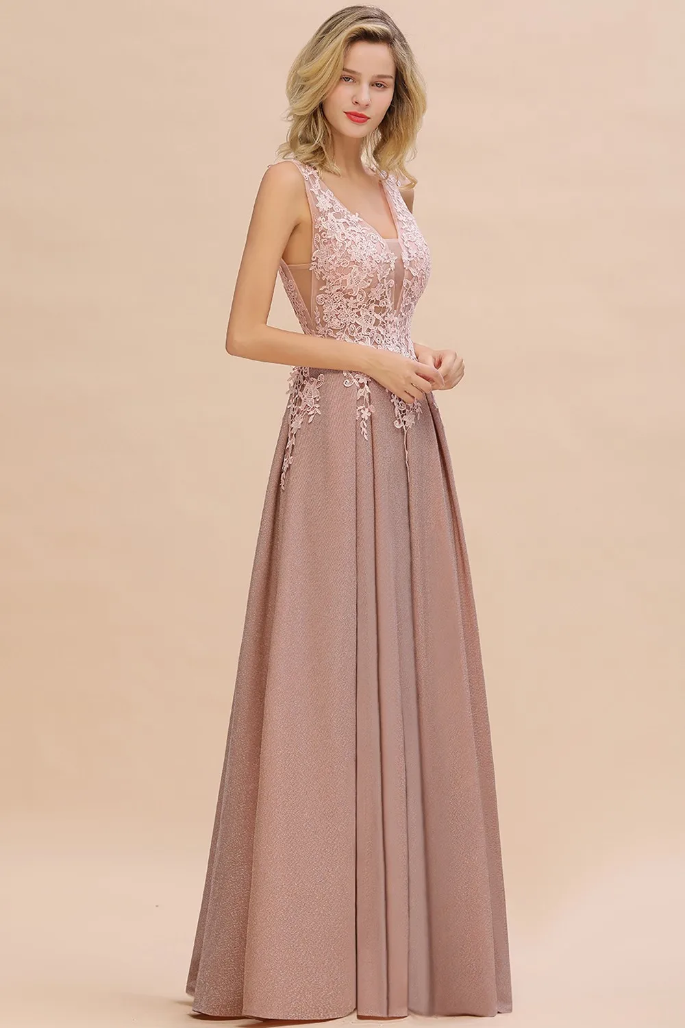 Dusty Pink Bridesmaid Dresses Appliques Lace V Neck Illusion Blue Burgundy Silver For Bride Wedding Party Prom Gowns Vestidos