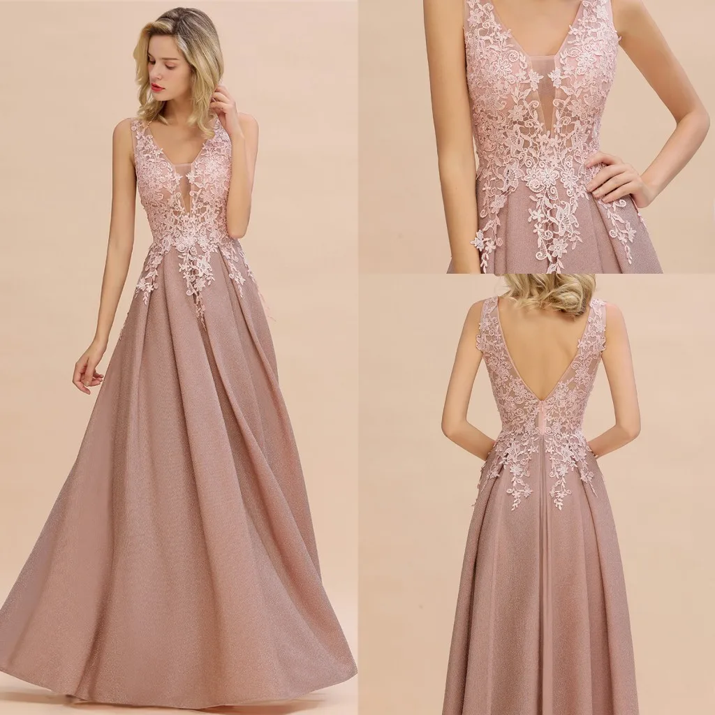 Dusty Pink Bridesmaid Dresses Appliques Lace V Neck Illusion Blue Burgundy Silver For Bride Wedding Party Prom Gowns Vestidos