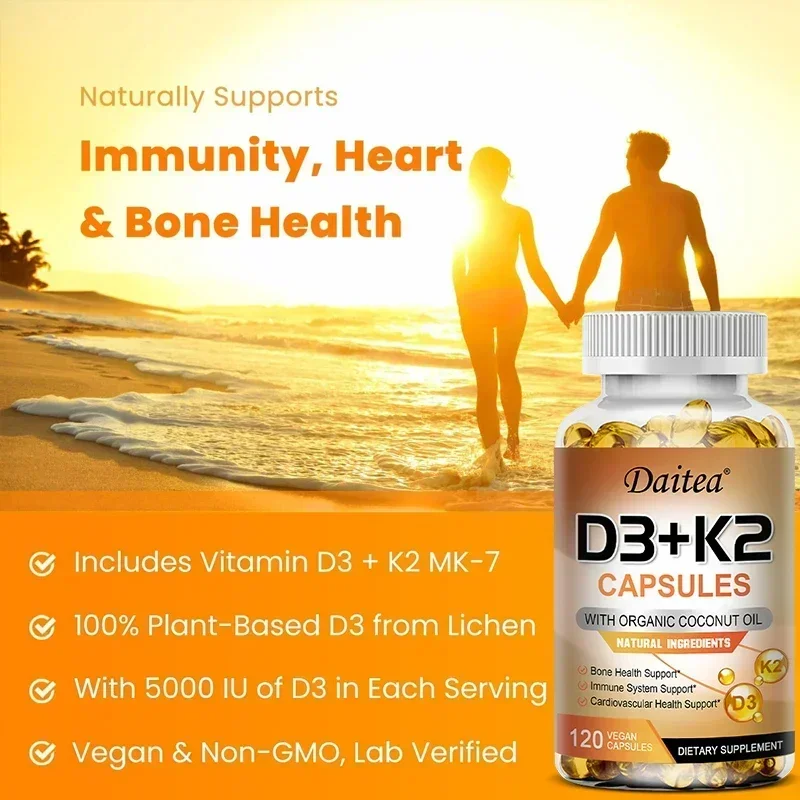 Vitamin D3+K2 - D3 (5000IU) K-2 (200MCG) Bone, Immune, Cardiovascular - Non-GMO, Vegan, Natural, Gluten-Free, Health Supplement