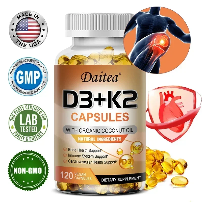 Vitamin D3+K2 - D3 (5000IU) K-2 (200MCG) Bone, Immune, Cardiovascular - Non-GMO, Vegan, Natural, Gluten-Free, Health Supplement