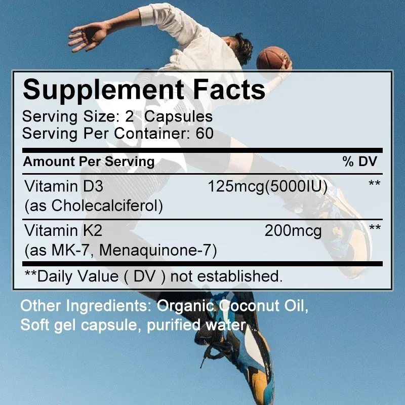 Vitamin D3+K2 - D3 (5000IU) K-2 (200MCG) Bone, Immune, Cardiovascular - Non-GMO, Vegan, Natural, Gluten-Free, Health Supplement