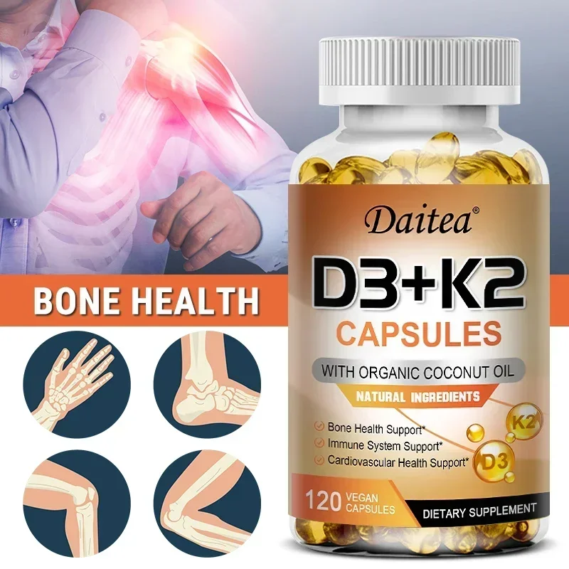 Vitamin D3+K2 - D3 (5000IU) K-2 (200MCG) Bone, Immune, Cardiovascular - Non-GMO, Vegan, Natural, Gluten-Free, Health Supplement