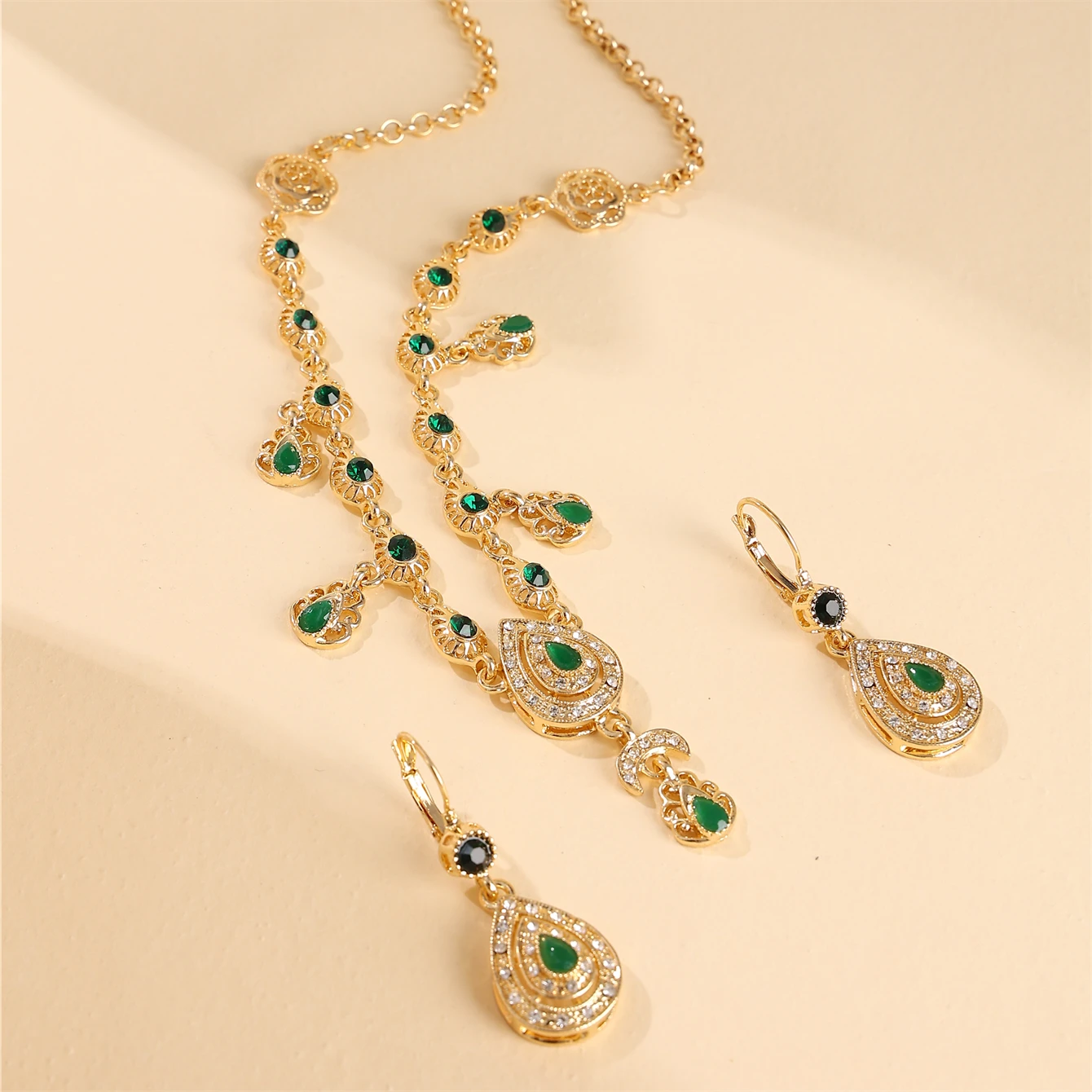 Middle Eastern Style Rhinestone Necklace Drop Earrings 2-Piece Bridal Jewelry Set