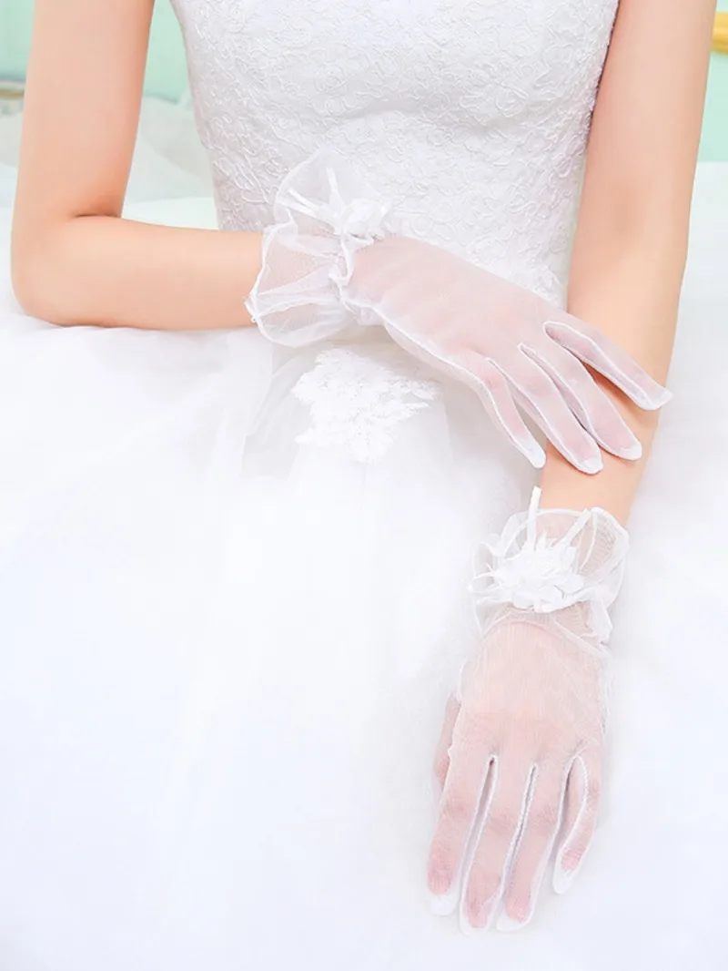 1 Pair Bride Gloves Elegant Bow Knot Pearl Pendant Short Gloves for Wedding Opera Dinner Party Elastic Satin Tea Party Gloves