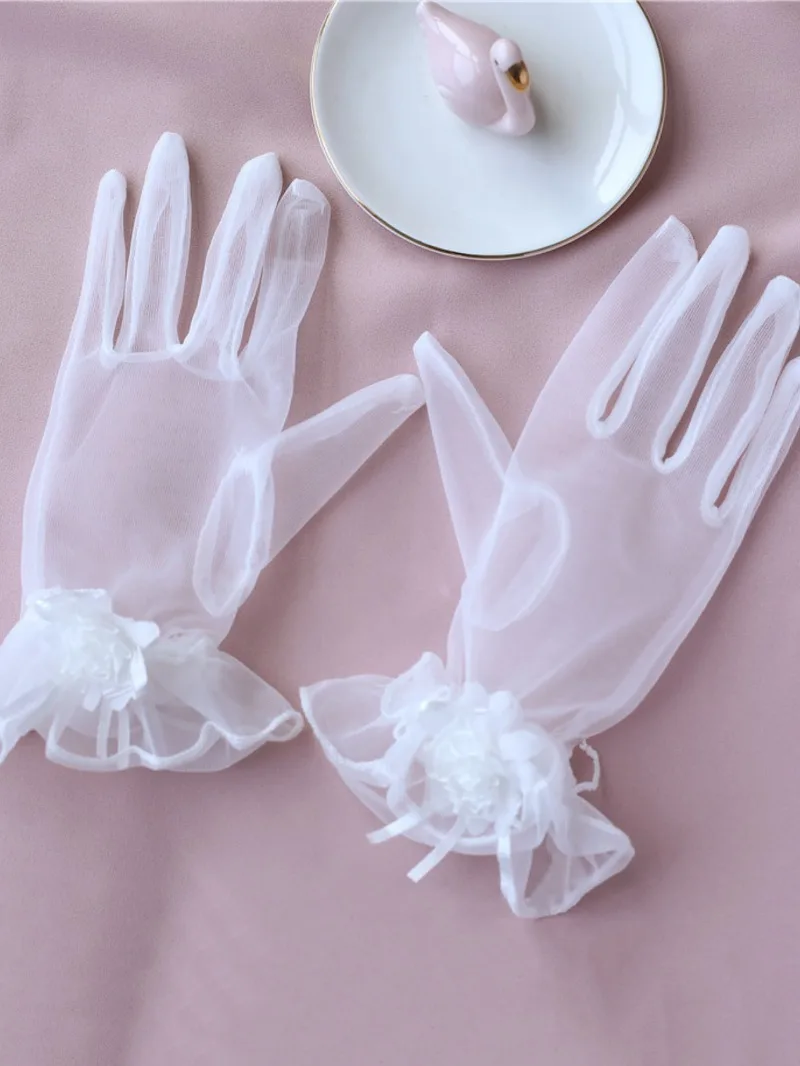 1 Pair Bride Gloves Elegant Bow Knot Pearl Pendant Short Gloves for Wedding Opera Dinner Party Elastic Satin Tea Party Gloves