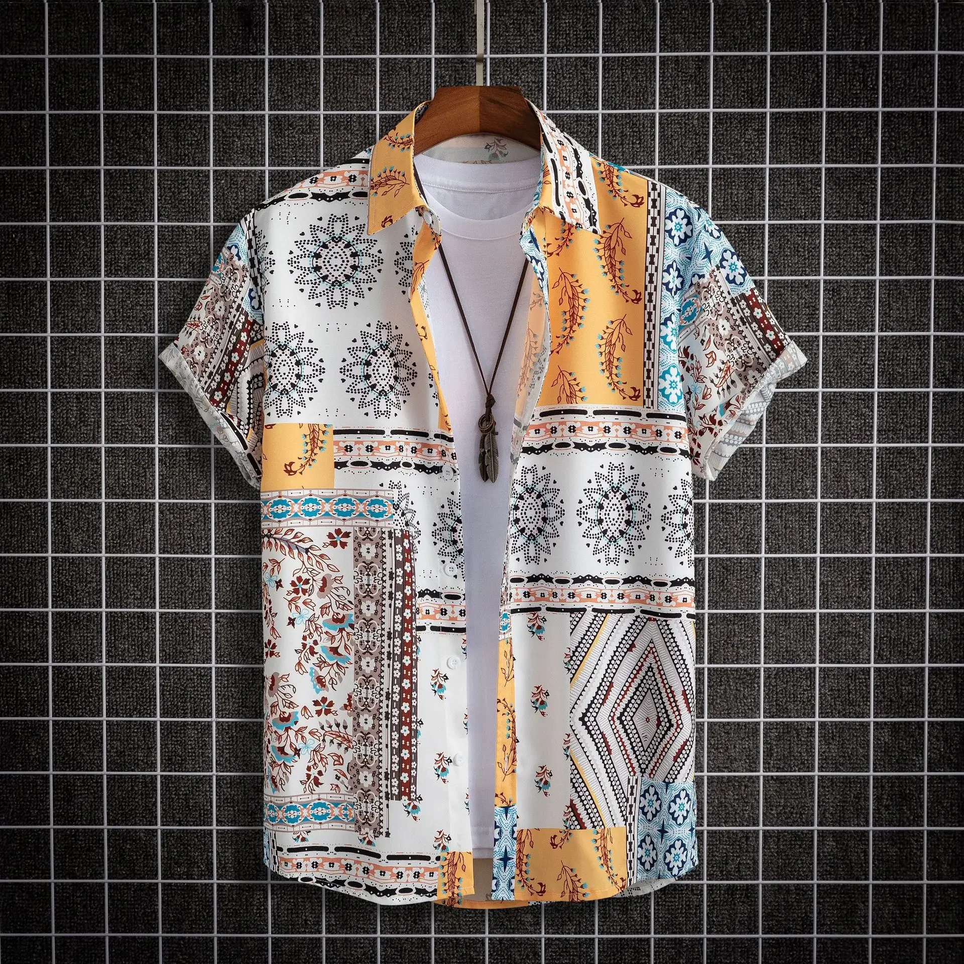 2023 Hawaiian Shirt Men Fashion Flower Geometric Printed Blouse Beach Single-breasted Short SleeveTops Holiday Men's Clothing