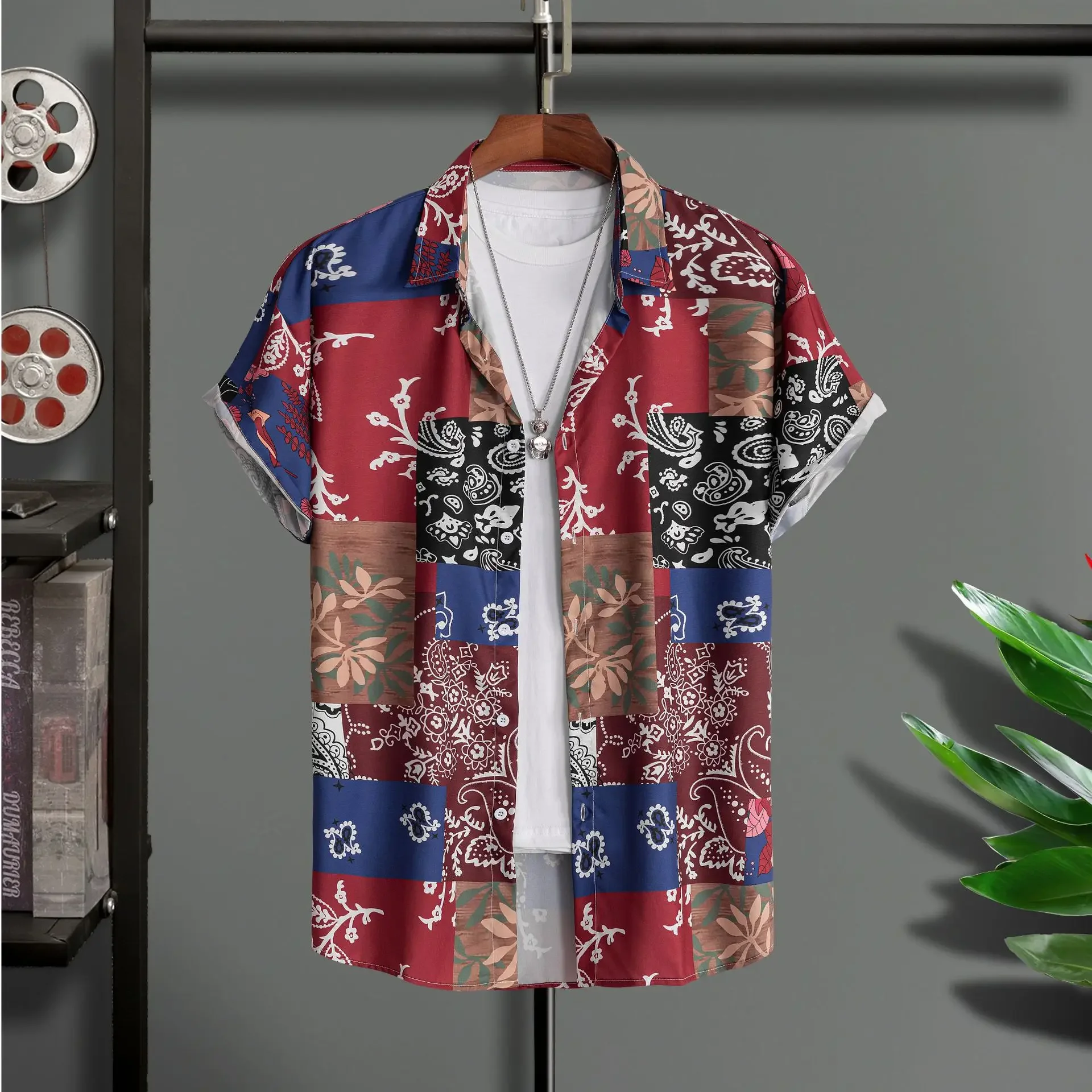 2023 Hawaiian Shirt Men Fashion Flower Geometric Printed Blouse Beach Single-breasted Short SleeveTops Holiday Men's Clothing