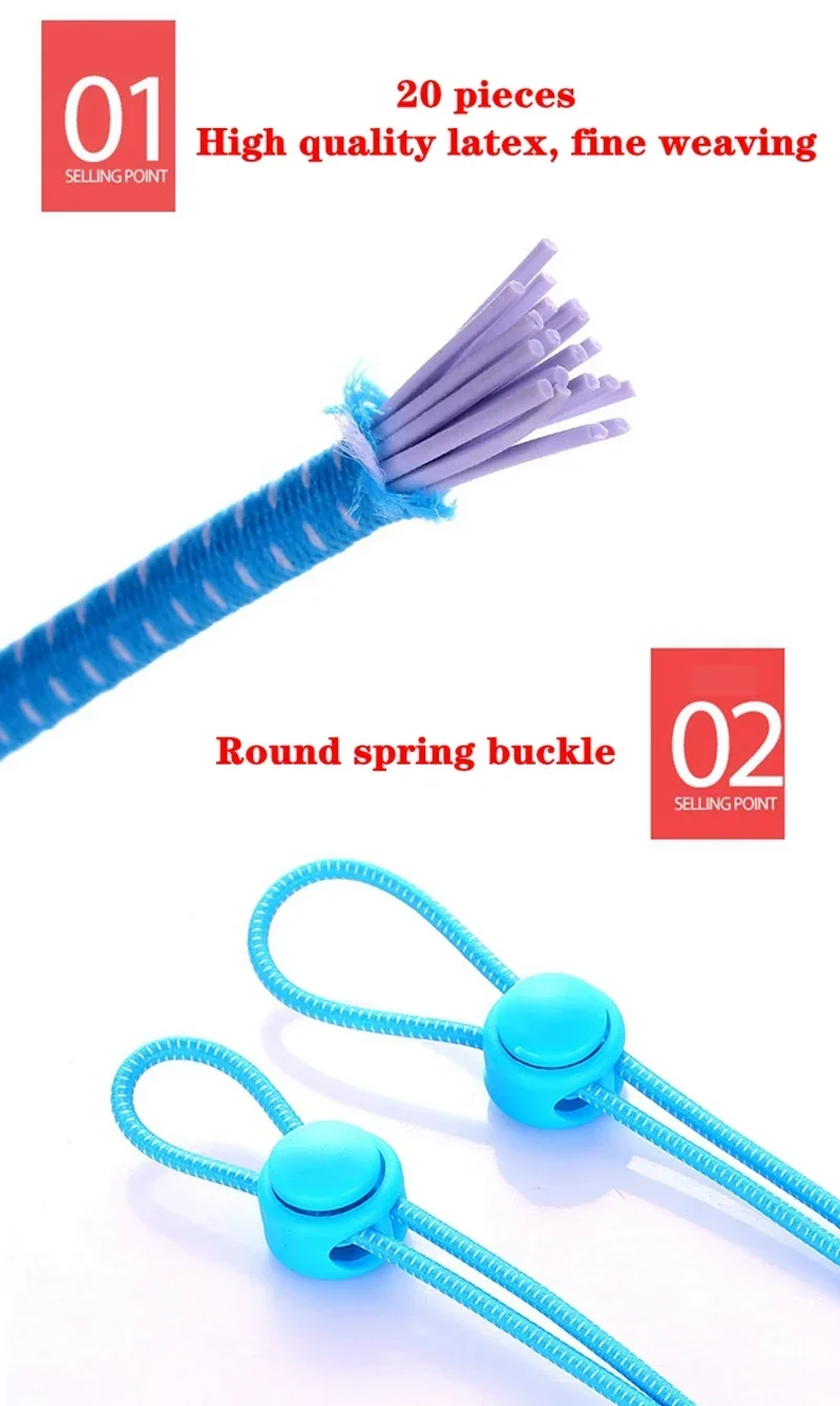 1Pair Elastic No-Tie Shoe Laces for Sneakers Quick Stretching Lock Lazy Laces Rubber Shoelace Round Shoestrings for Easy Adjustm