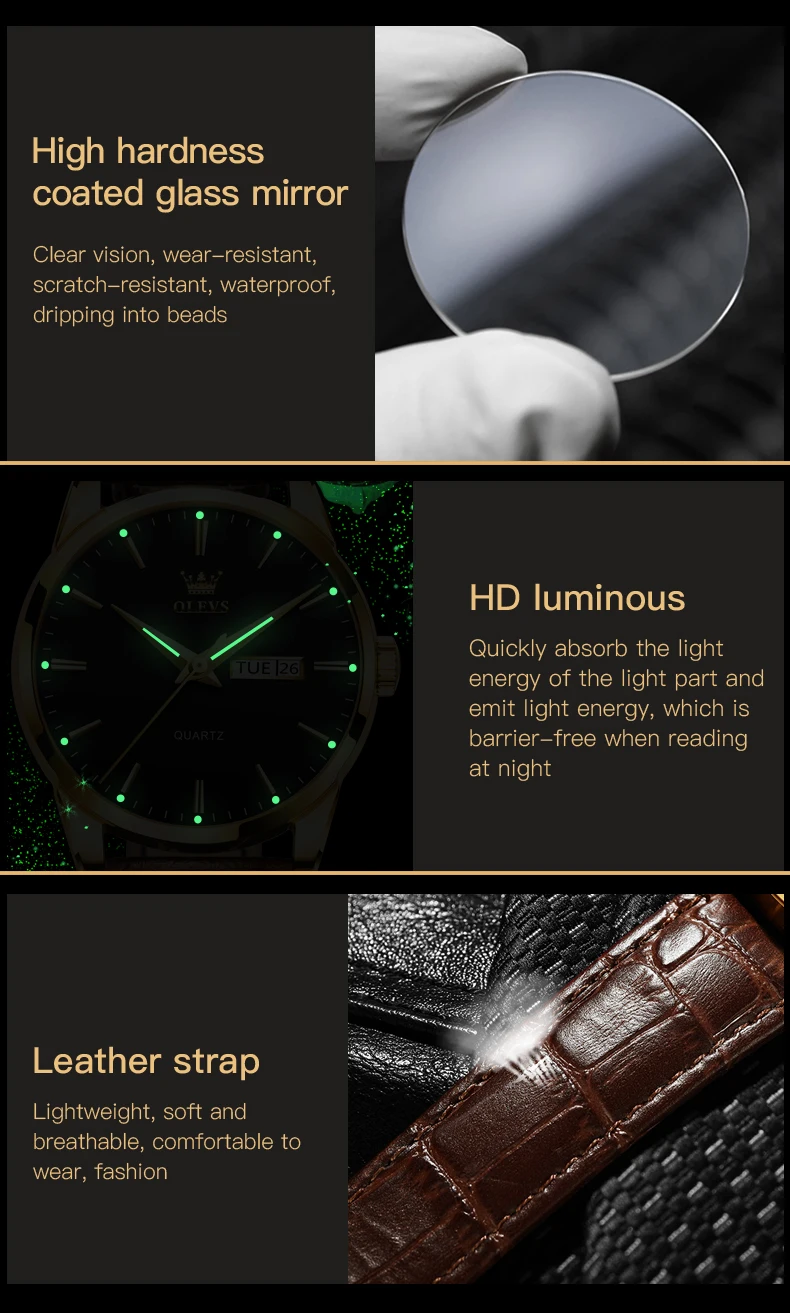 OLEVS Mens Quartz Watches Brand Luxury Casual Fashion Men's Watch For Gifts Breathable Leather Waterproof Luminous Wristwatch