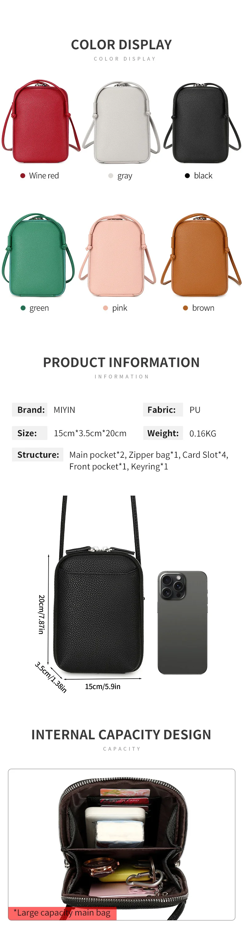 Classic solid color women's crossbody bag high-quality PU leather shoulder bag fashionableluxury large capacity mobile phone bag