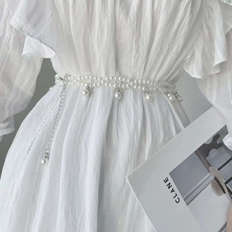 Large Pearl Waist Chain Women's Elastic Belt with Diamond Decoration All-match Skirt Fashion Casual Luxury Design Girdle Gothic