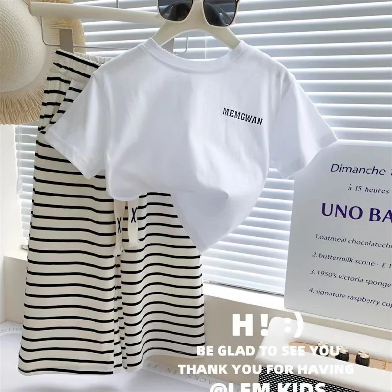 Baby Sets Girls Letters Short Sleeve Top Striped Wide Leg Pants 2 Pieces Summer New Children's Casual Fashion Suit 12M-8 Years